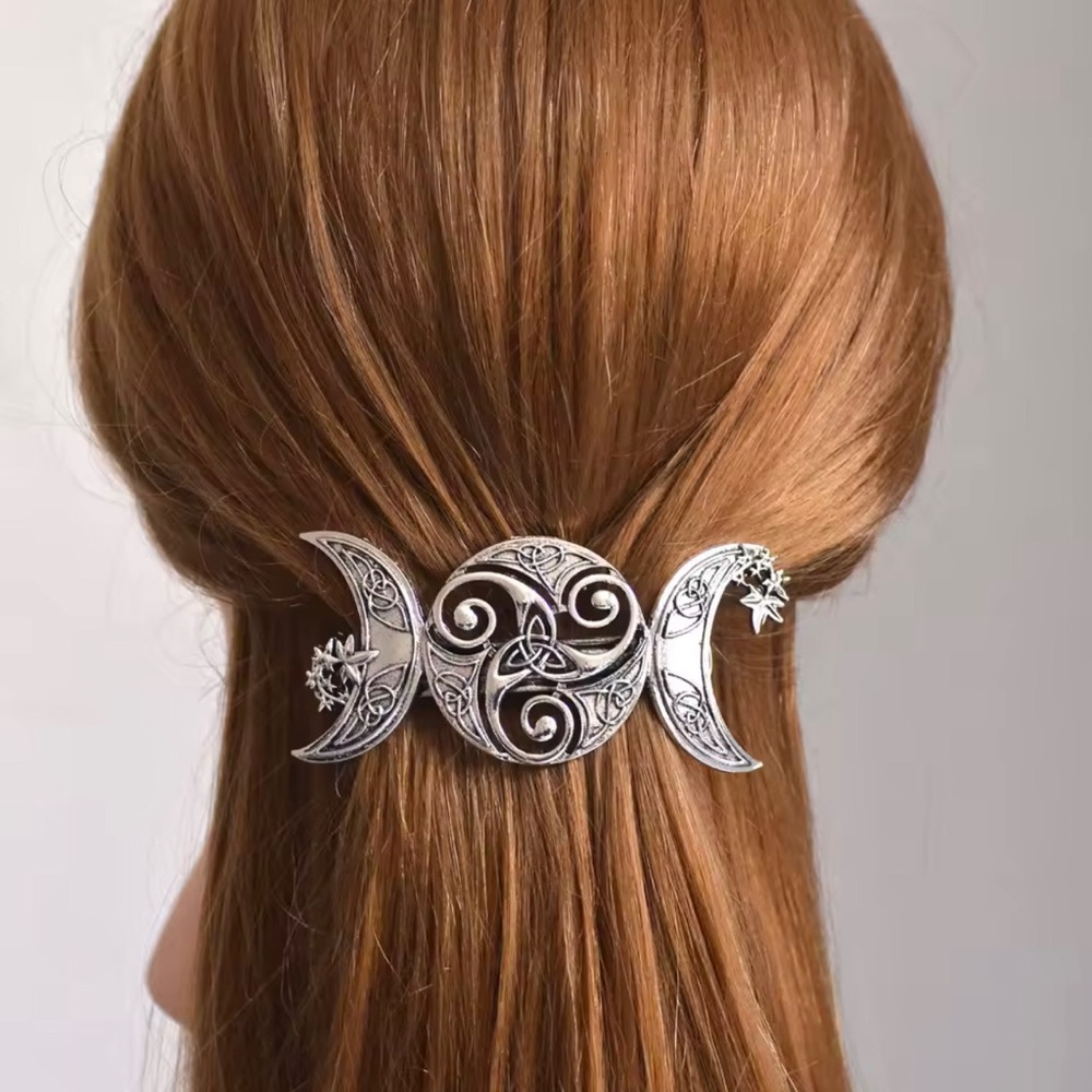 Triple Moon Silver Hair Barrette - Celtic Design